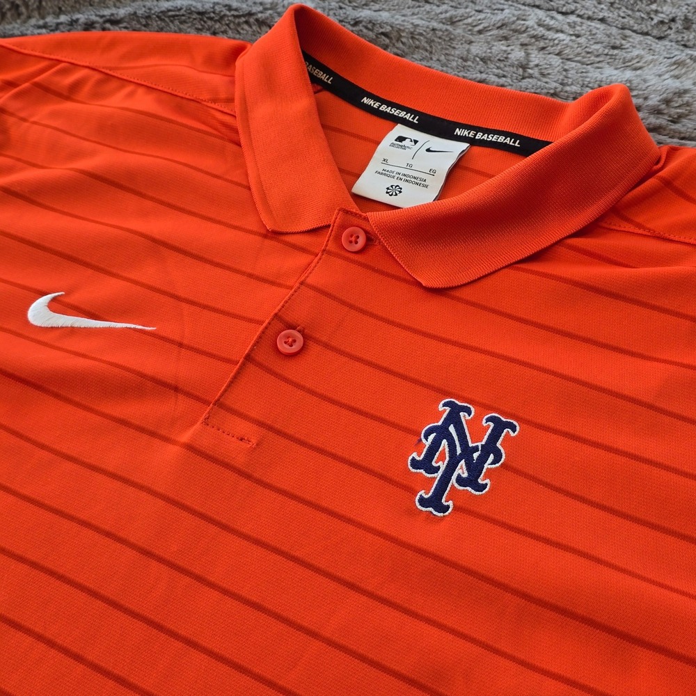Nike New York Mets MLB Polo Shirt Mens XL Orange Striped Dri-FIT Baseball Logo